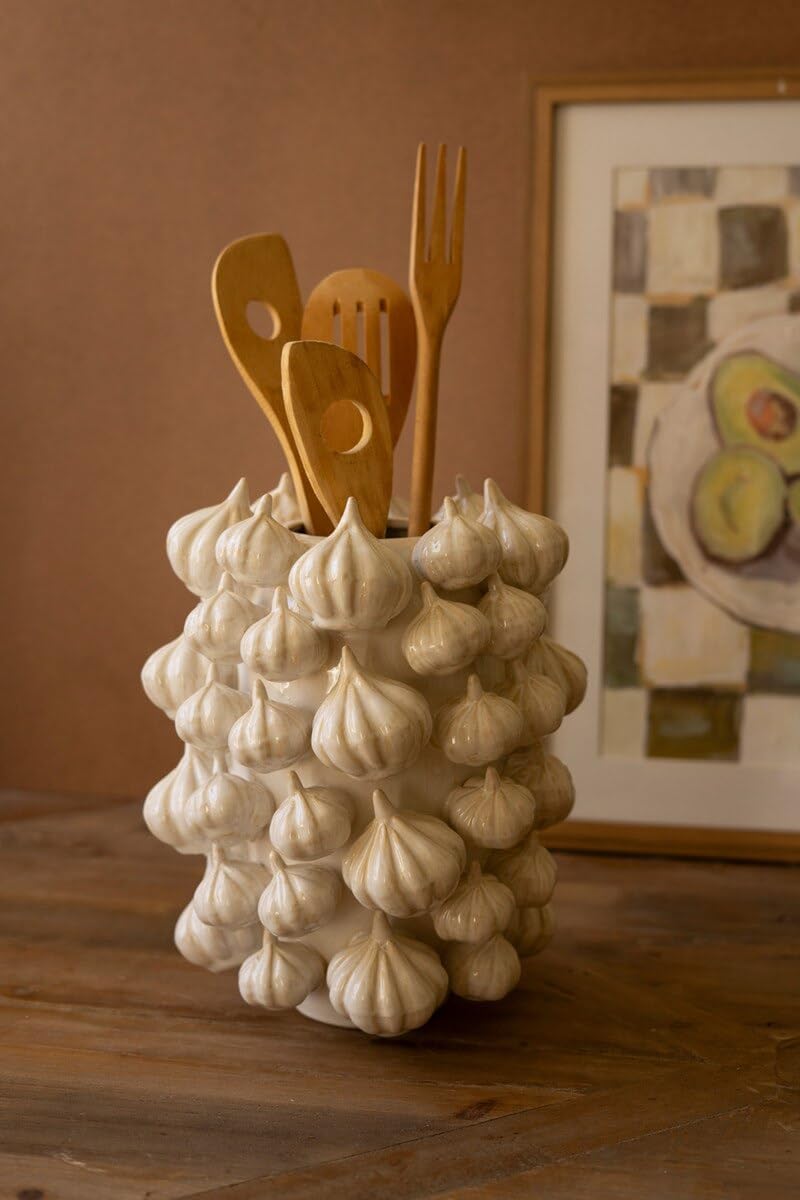 First of a Kind Ceramic Garlic Vase - Glazed Decorative Ceramic Flower Vase with Garlic-Inspired Design for Fresh Flowers - Kitchen Utensils & Counter top Home Decor, White