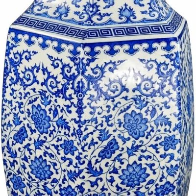 24" Blue and White Hexagonal Lotus Porcelain Vase