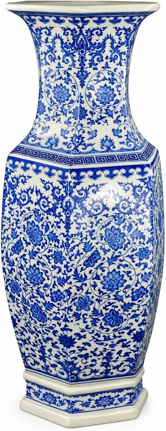 24" Blue and White Hexagonal Lotus Porcelain Vase