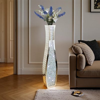 36" Extra Tall Double Sided Crushed Diamond Vases, Mirrored Silver Vase,Floor Vases Decorative Tall, Large Decorative Vase for Home,Office,Hotel Decor(7.72" L x4.33 W x 36" H)