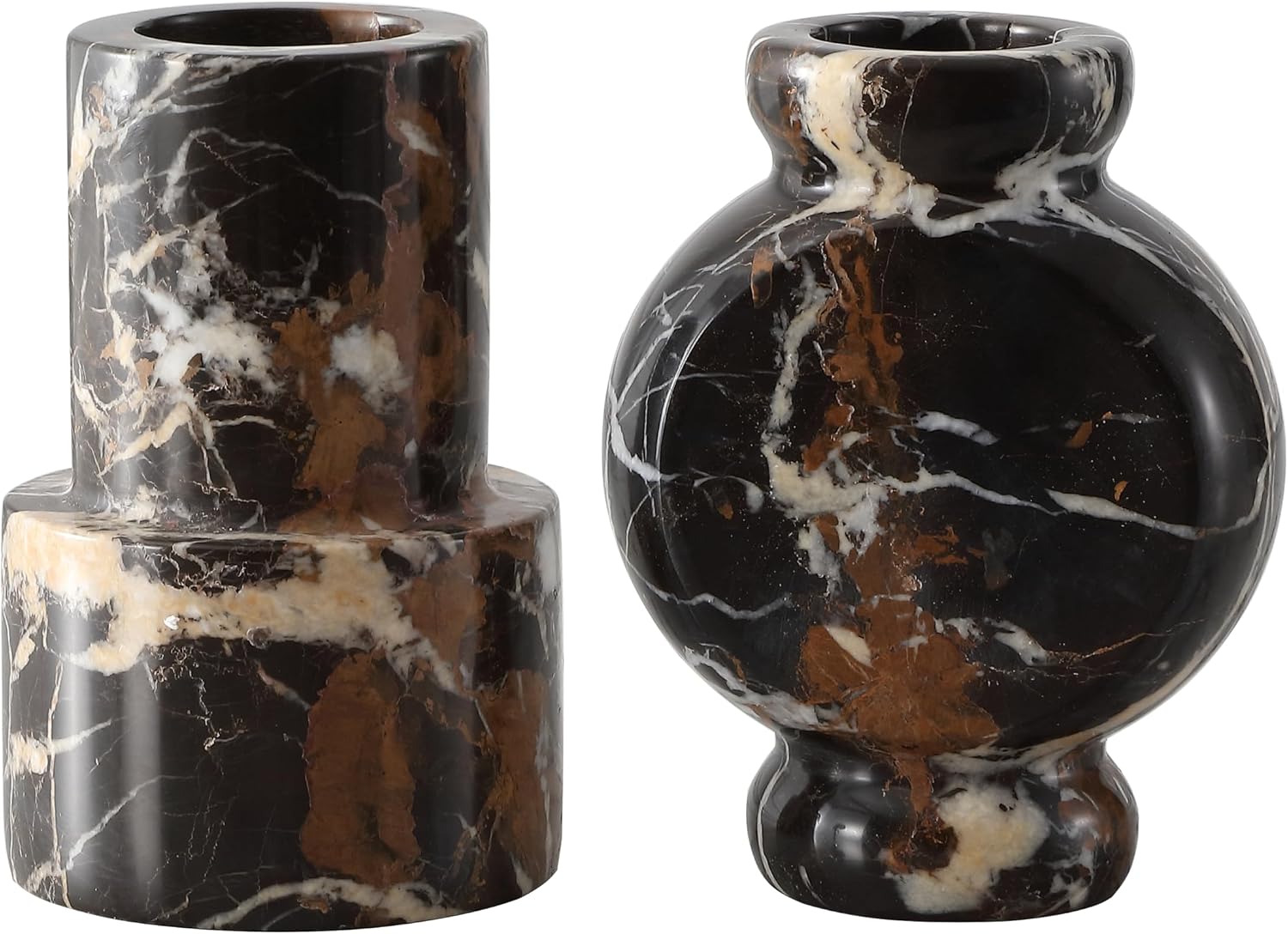 Home Collection - Marble Vase Set of 2, Black & Rust, Decorative Stone Sculptures for Flowers and Candles