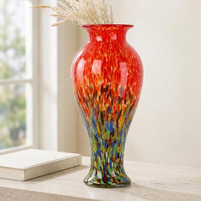 20" Tall Red Colorful Glass Vase Hand Blown Large Floor Glass Vase Home Decor, Pretty Modern Teal Blue Flowers Vases, Jarrones Grandes para Sala Elegantes, Large Vases for Living Room Wedding Decor