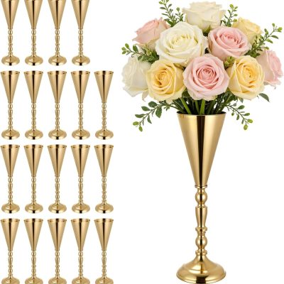 20 PCS Wedding Flower Vase, 16.9 in Tall Trumpet Flower Table Centerpieces, Banquet Vases Easy Installation, Electroplated Versatile Arrangement Stand for Party Events Home Decor Reception, Gold