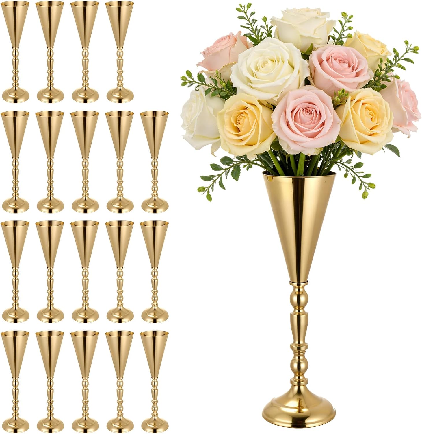 20 PCS Wedding Flower Vase, 16.9 in Tall Trumpet Flower Table Centerpieces, Banquet Vases Easy Installation, Electroplated Versatile Arrangement Stand for Party Events Home Decor Reception, Gold