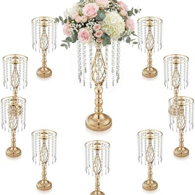 10 Pcs 21.5” Tall Gold Centerpieces for Table, Open Lattice Midsection Trumpet Base Vase Stands with Hanging Crystals, Metal Flower Holders for Wedding Receptions,Parties & Event Decor