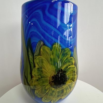 Hand Blown Art Glass Sunflower Vase - 13.78" Tall Mouth-Blown Artistic Sculpture with Vibrant Colors & Accents - Rich Colored Home Décor,Murano Glass Style,Large Unique Vase