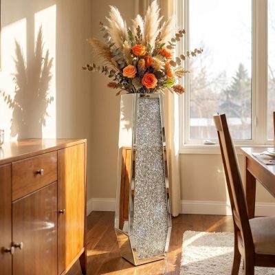 36" Extra Tall Double Sided Crushed Diamond Vases,Six Sided Three-Dimensional Diamond Vase,Extra Large Mirrored Silver Crystal Vase for Home,Office,Hotel(10.6" Lx5.37 W x 36" H)