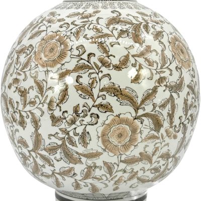 Brown & White Ceramic Floral Chinoiserie Globe Vase 12" Dia. - Round Bulb Shape Flower Vase Jar Classic Antique Home Decor