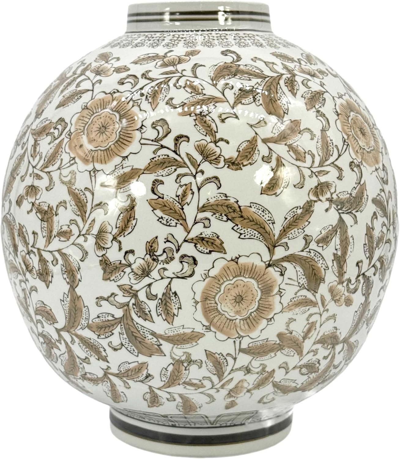 Brown & White Ceramic Floral Chinoiserie Globe Vase 12" Dia. - Round Bulb Shape Flower Vase Jar Classic Antique Home Decor